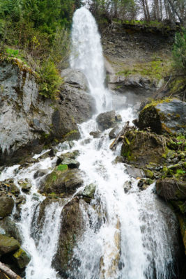 Beautiful upclose image of a cascading waterfall on the trail at keyhole hot springs in Pemberton British Colombia.