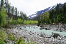 Rocky shore along the base of a beautiful blue river at keyhole hot springs in British Columbia.