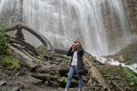 Getting wet from the mist at the base of Bridal Veil Falls,