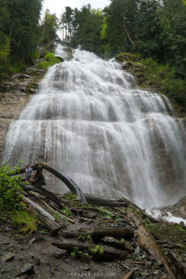 A photo from the base looking upwards at the cascading falls.