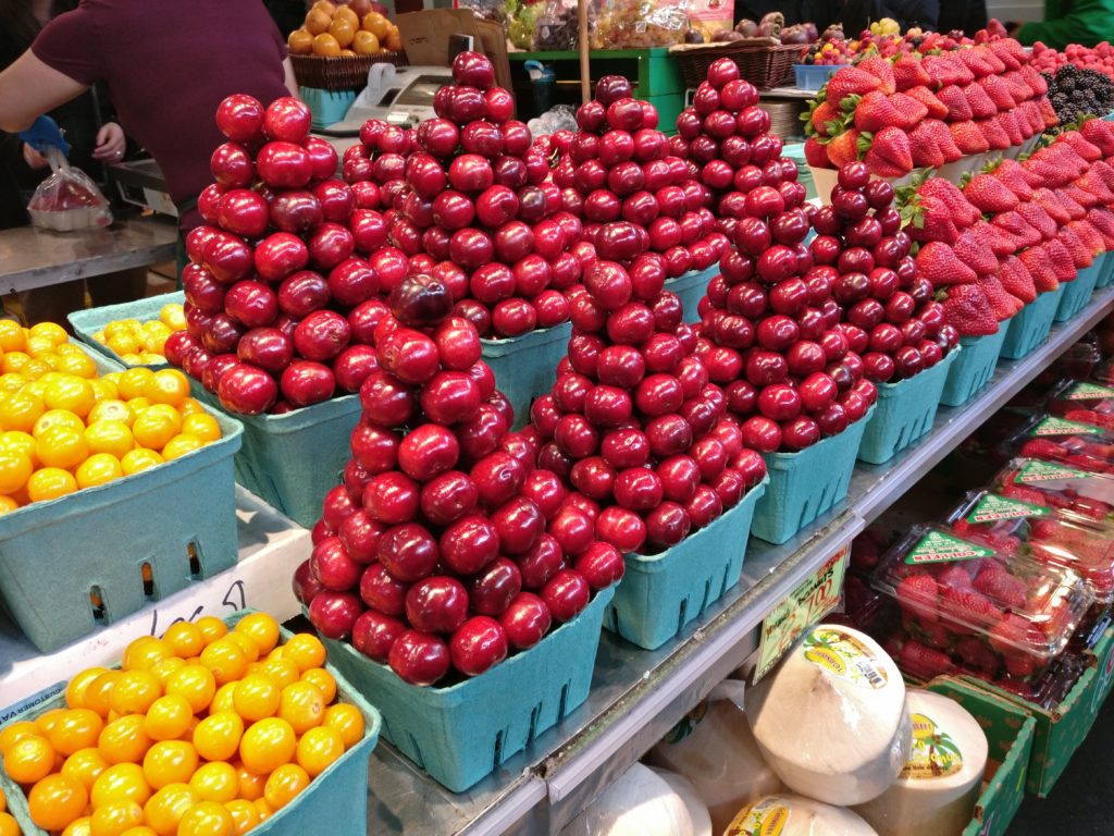 The most glorious pyramid stacks of cherries at the granville island market.