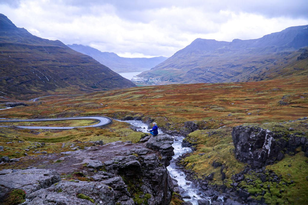 Standing along the rocky cliff-side of the Fjadara River that strings it's way down the valley to the town of Seydisfjordur.